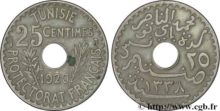 TUNISIA - Protettorato Francese 25 Centimes AH1338 1920 Paris SPL 