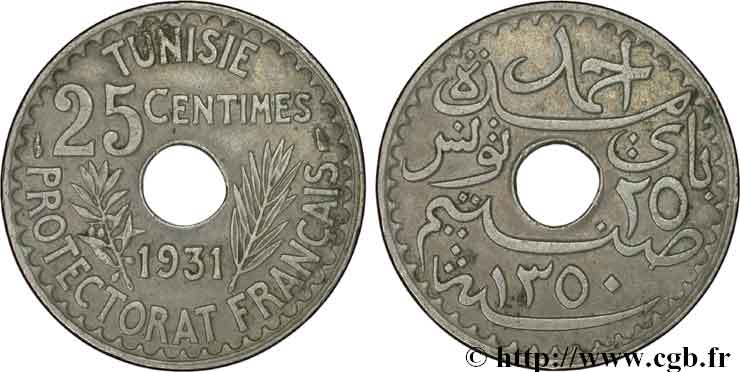 TUNISIA - French protectorate 25 Centimes AH1350 1931 Paris AU 