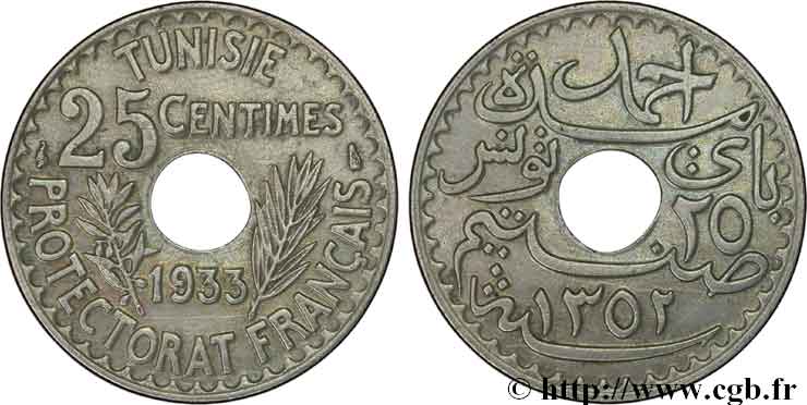 TUNISIE - PROTECTORAT FRANÇAIS 25 Centimes 1933 Paris TB+ 