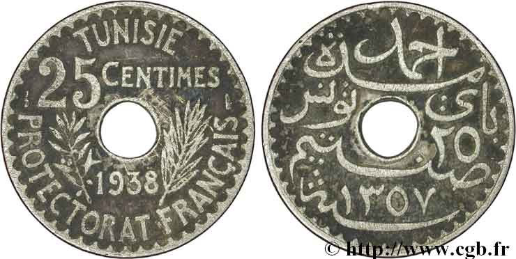 TUNESIEN - Französische Protektorate  25 Centimes 1938 Paris S 