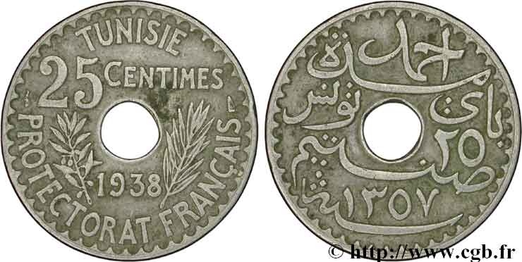 TUNESIEN - Französische Protektorate  25 Centimes 1938 Paris SS 