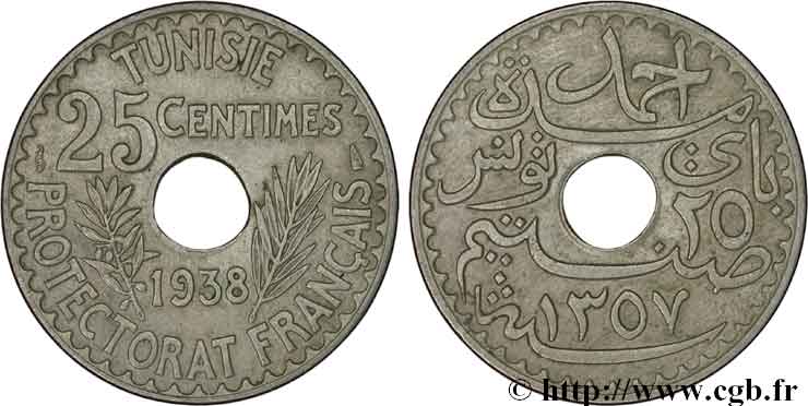 TUNEZ - Protectorado Frances 25 Centimes 1938 Paris EBC 