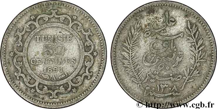 TUNISIA - Protettorato Francese 50 Centimes AH 1308 1891 Paris MB 
