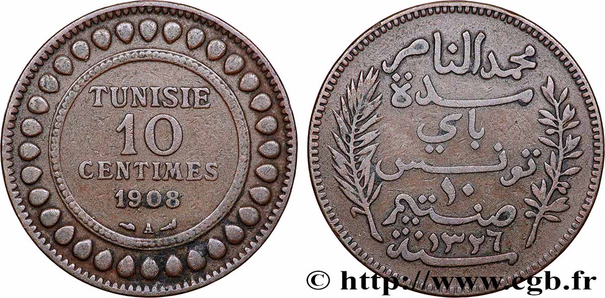 TUNISIA - Protettorato Francese 10 Centimes AH1326 1908 Paris BB 