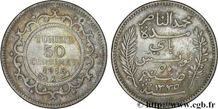 TUNISIA - FRENCH PROTECTORATE 50 centimes au nom du Bey Mohamed En-Naceur an 1335 1916 Paris XF 