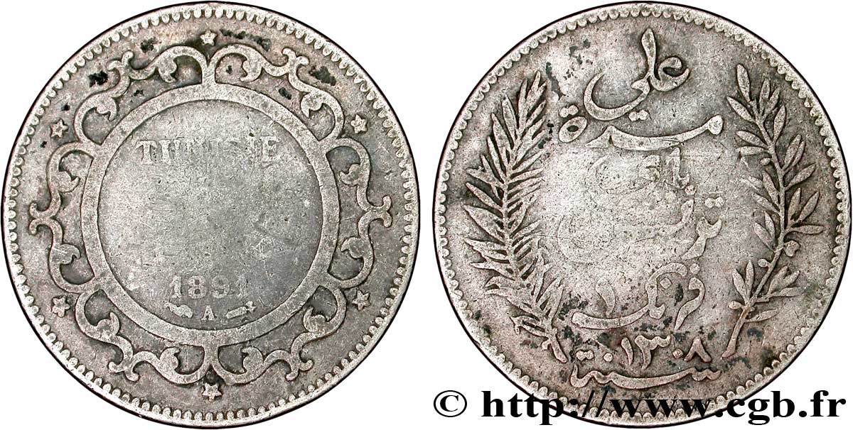 TUNISIA - French protectorate 1 Franc AH1308 1891 Paris VG 