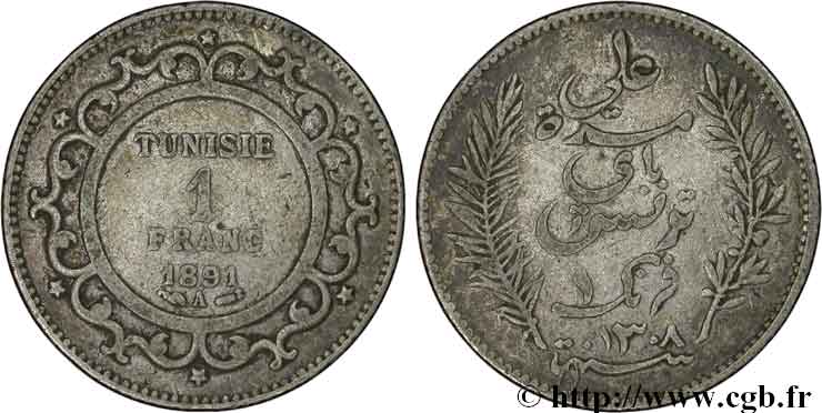 TUNISIA - French protectorate 1 Franc AH 1308 1891 Paris VF 