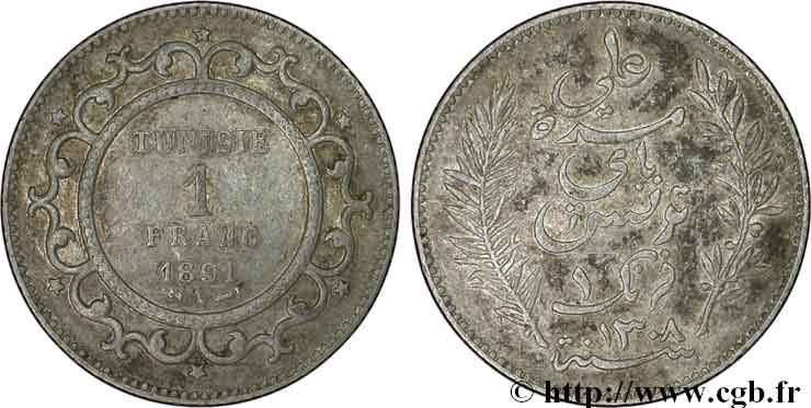TUNISIA - French protectorate 1 Franc AH 1308 1891 Paris XF 