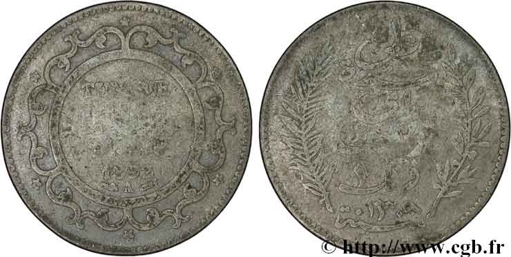 TUNISIA - French protectorate 1 Franc AH 1309 1892 Paris VG 