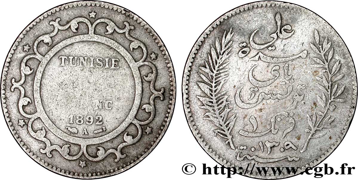 TUNISIE - PROTECTORAT FRANÇAIS 1 Franc AH1309 1892 Paris TB 
