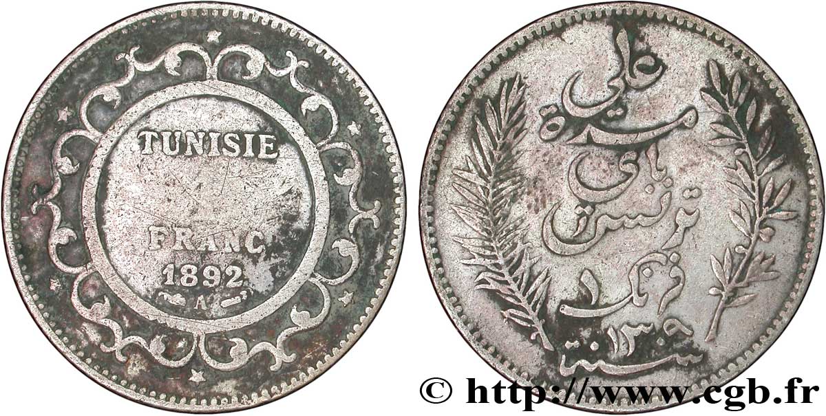 TUNISIA - French protectorate 1 Franc AH1309 1892 Paris VF 