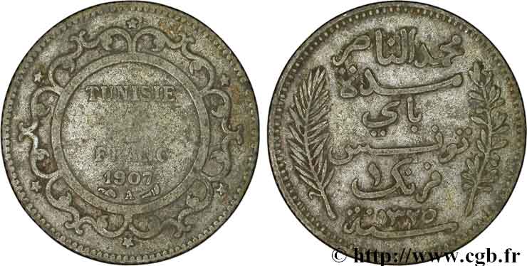 TUNEZ - Protectorado Frances 1 Franc AH1325 1907 Paris BC 