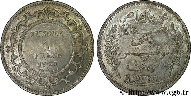 TUNISIA - Protettorato Francese 1 Franc AH1325 1907 Paris SPL 