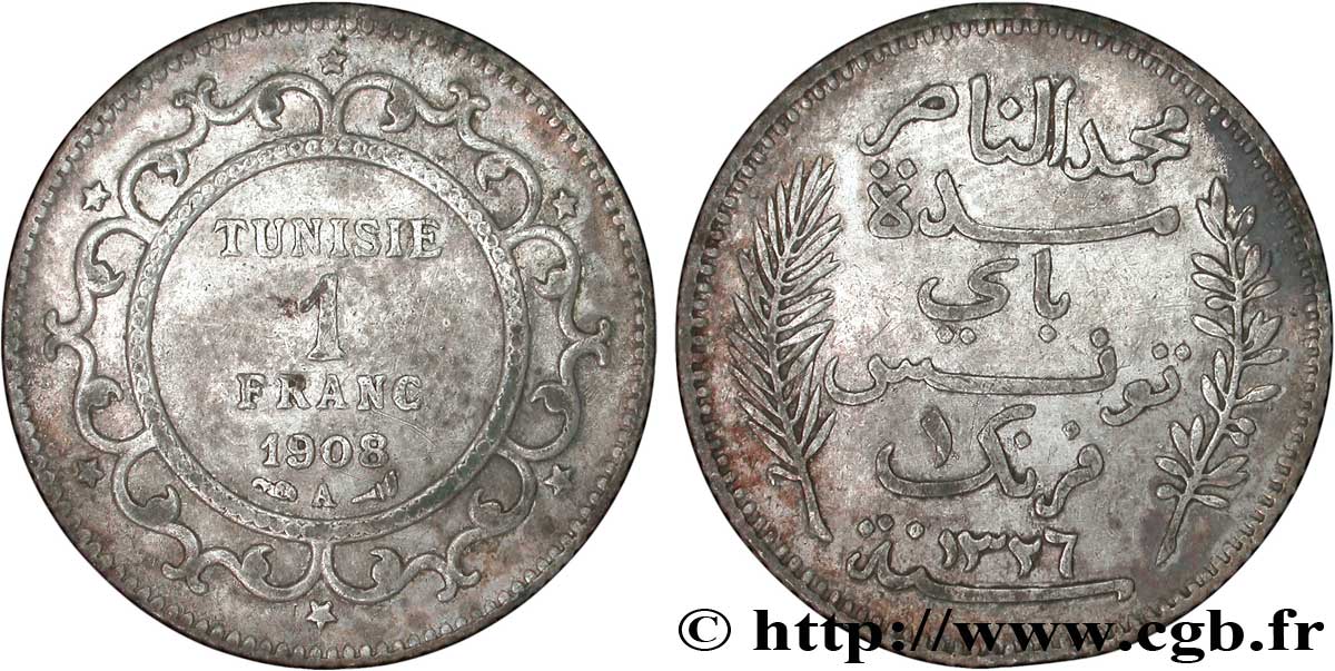 TUNISIA - French protectorate 1 Franc AH1326 1908 Paris AU 