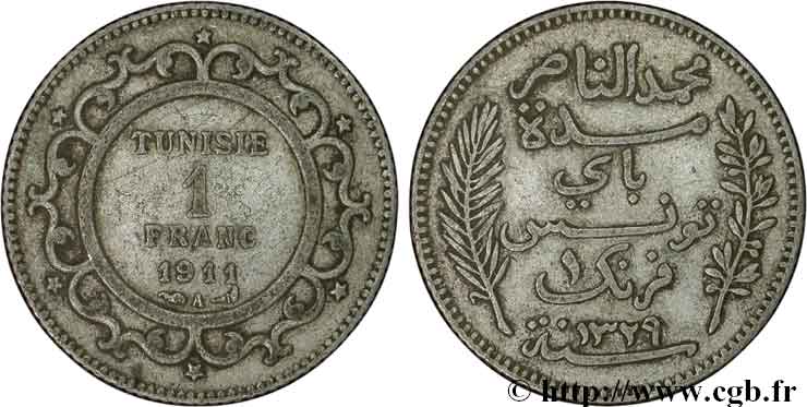 TUNISIA - French protectorate 1 Franc AH1329 1911 Paris VF 