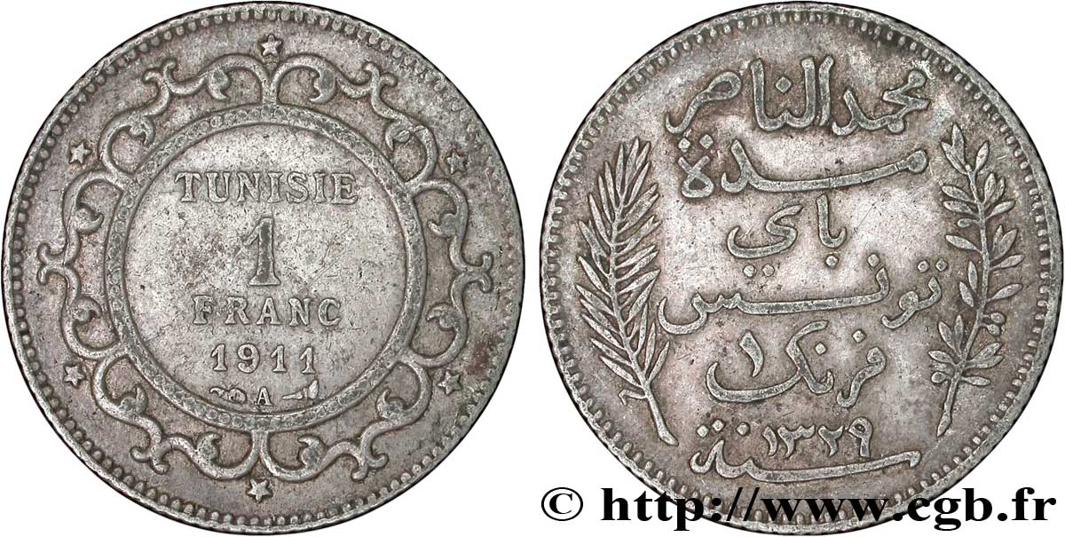 TUNISIA - Protettorato Francese 1 Franc AH1329 1911 Paris BB 