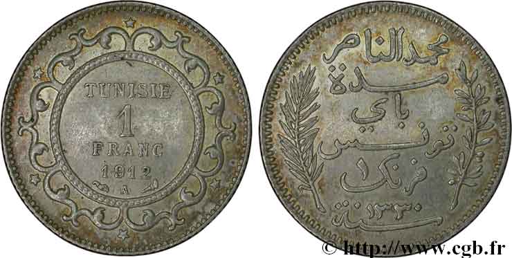 TUNISIA - French protectorate 1 Franc AH1330 1912 Paris MS 