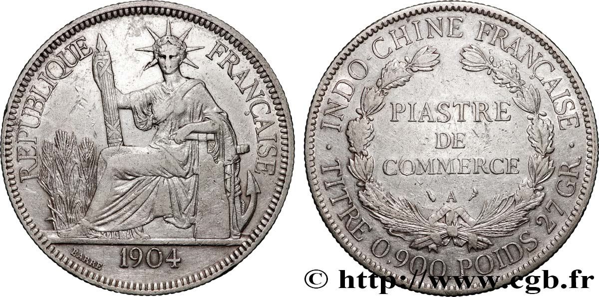 INDOCHINE FRANÇAISE 1 Piastre de Commerce 1904 Paris TTB 