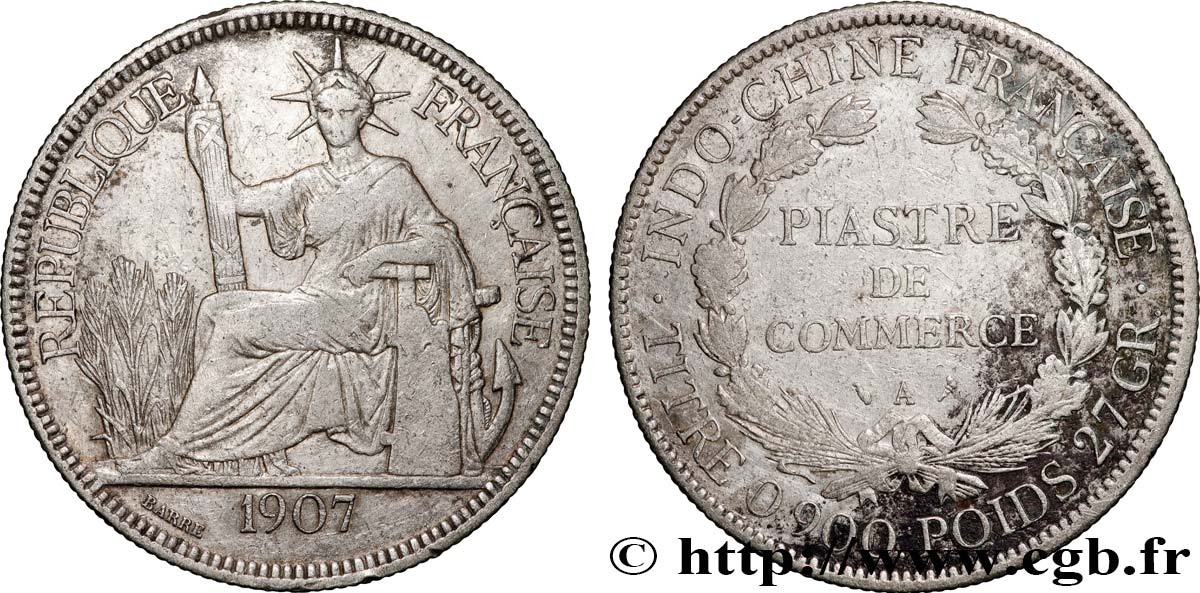 INDOCINA FRANCESE 1 Piastre de Commerce 1907 Paris BB 