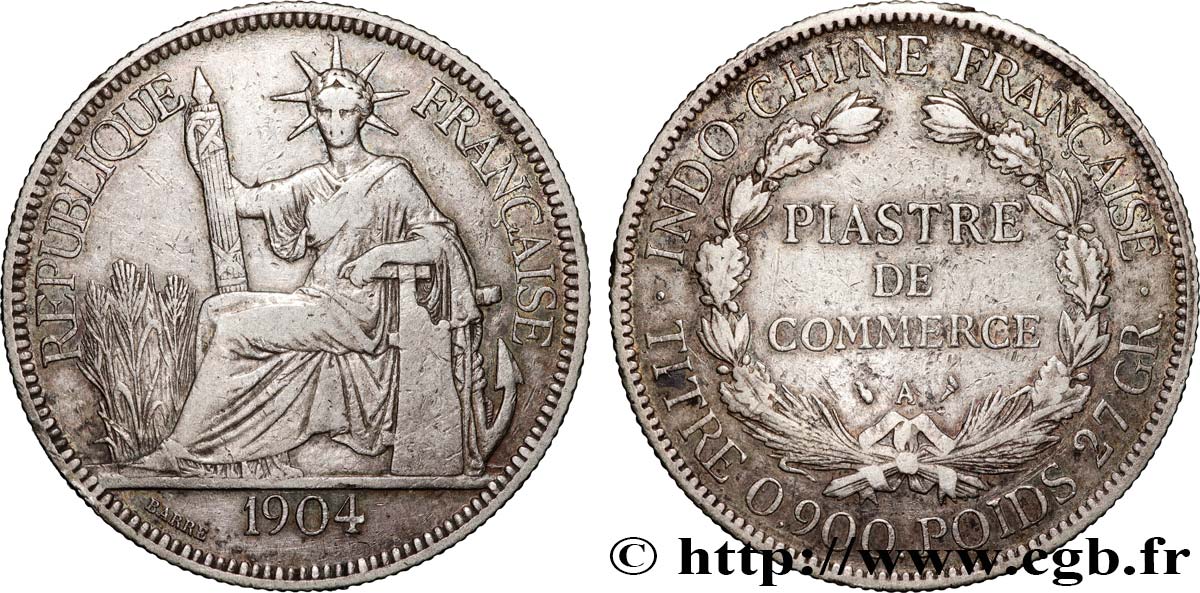 INDOCHINE FRANÇAISE 1 Piastre de Commerce 1904 Paris TB+ 