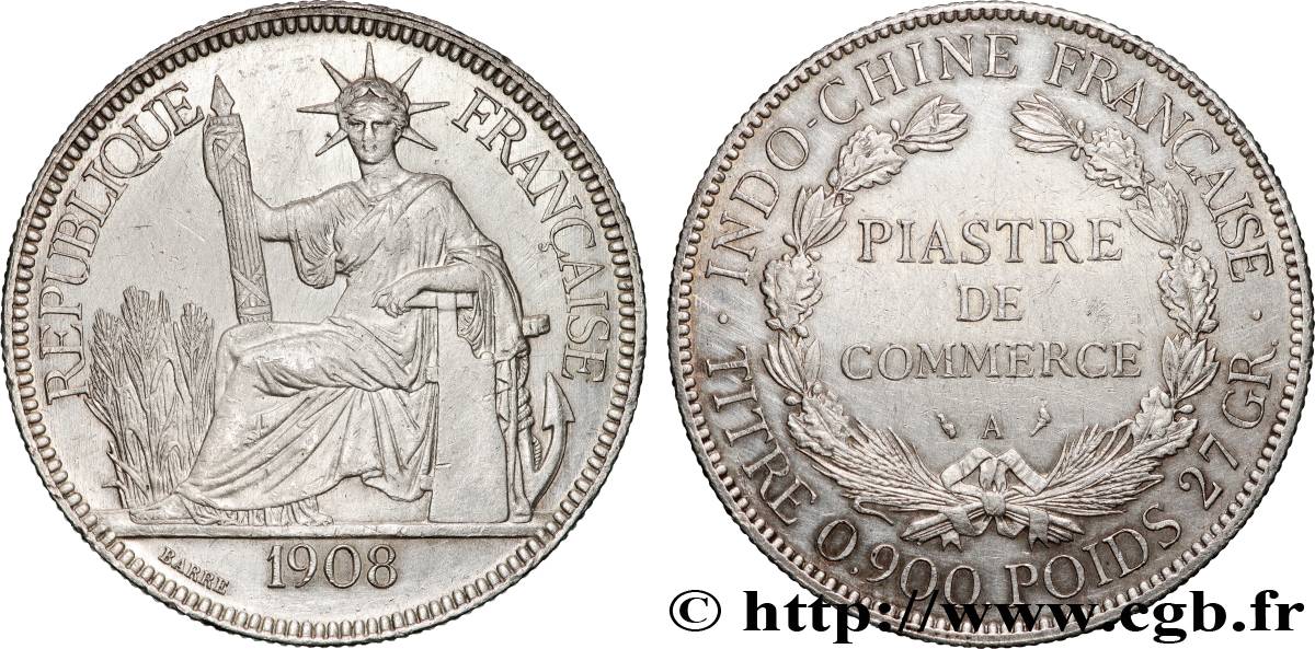 INDOCHINE FRANÇAISE 1 Piastre de Commerce 1908 Paris TTB+ 