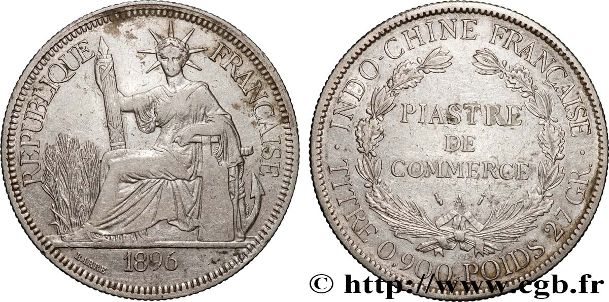 INDOCHINE FRANÇAISE 1 Piastre de Commerce 1896 Paris TB+ 
