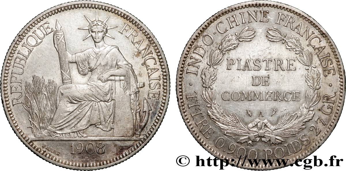 INDOCHINE FRANÇAISE 1 Piastre de Commerce 1908 Paris TTB+ 