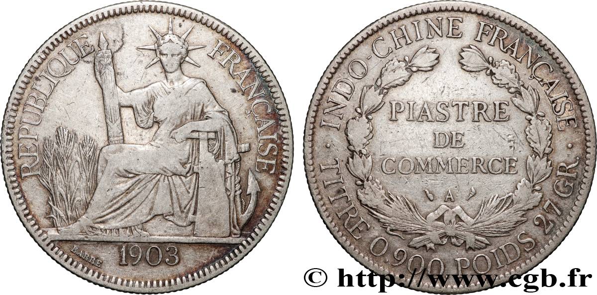 INDOCHINE FRANÇAISE 1 Piastre de Commerce 1903 Paris TB+ 