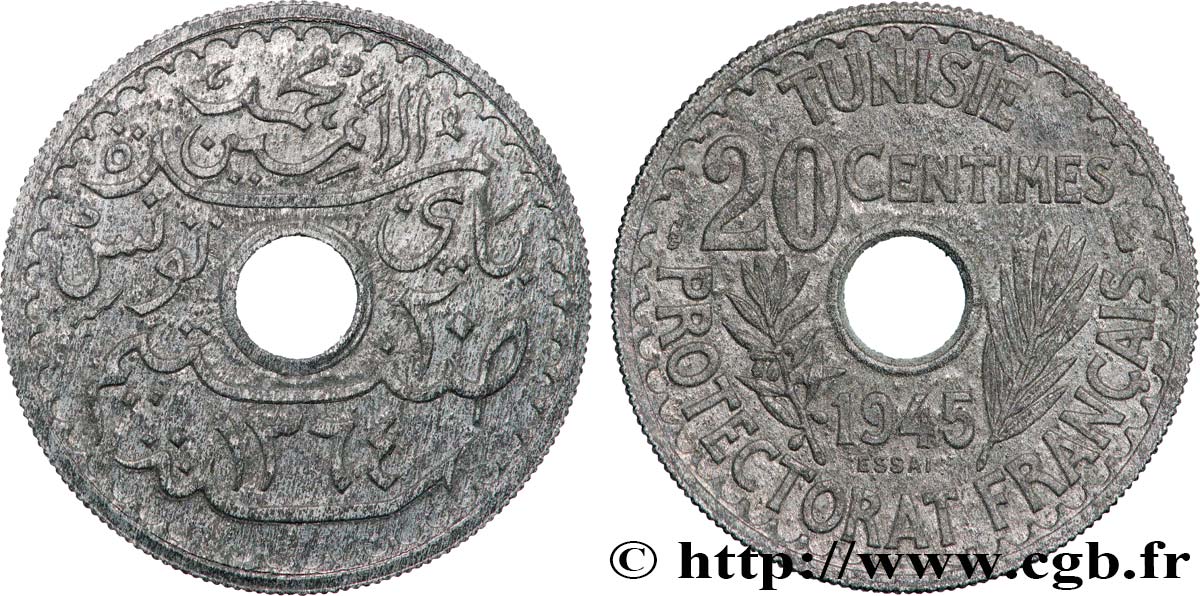 TUNISIE - PROTECTORAT FRANÇAIS Essai de 20 Centimes AH 1364  1945 Paris SUP 