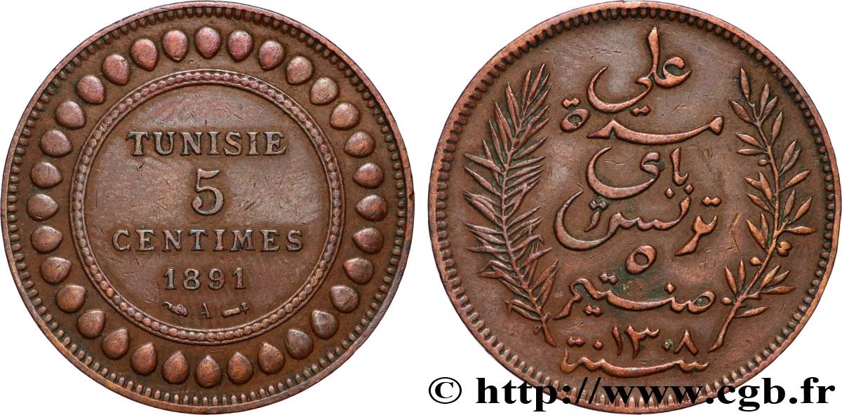 TUNISIA - Protettorato Francese 5 Centimes AH 1308 1891 Paris BB 