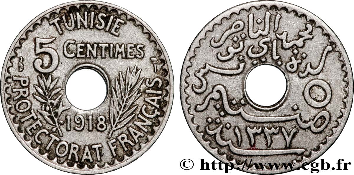 TUNISIA - Protettorato Francese 5 Centimes AH 1337 1918 Paris BB/SPL 