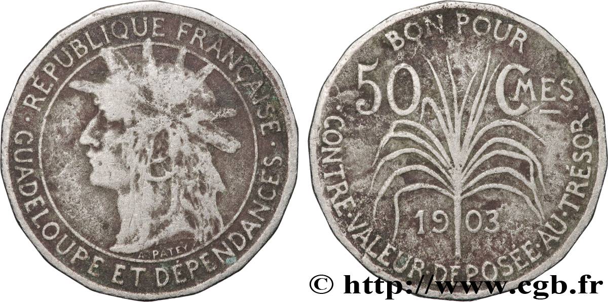 GUADELUPA Bon pour 50 Centimes indien caraïbe / canne à sucre 1903  MB 