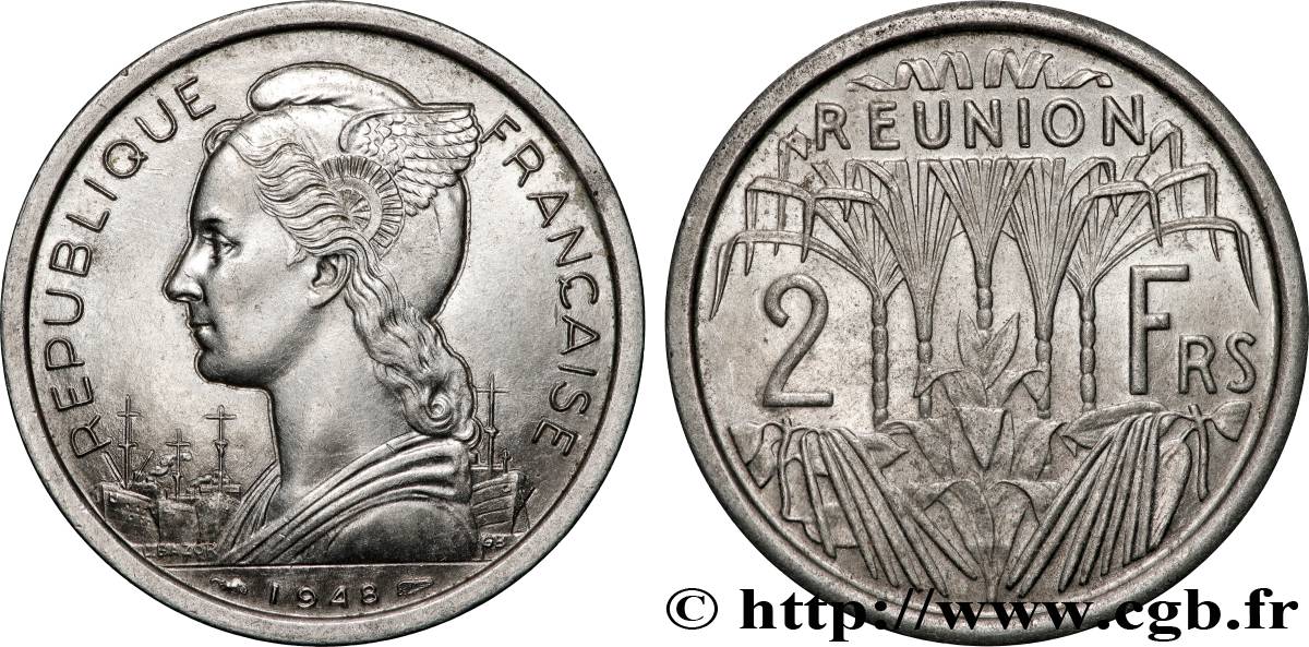 REUNION French Union  2 Francs 1948 Paris XF 