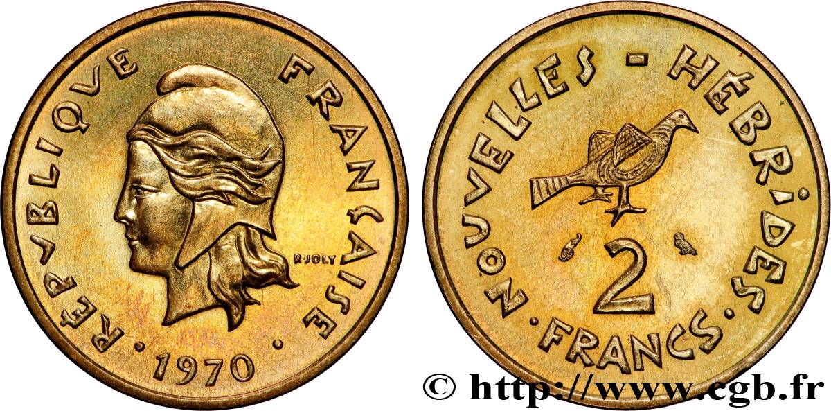 NEW HEBRIDES (VANUATU since 1980) 2 Francs Marianne / oiseau 1970 Paris AU 