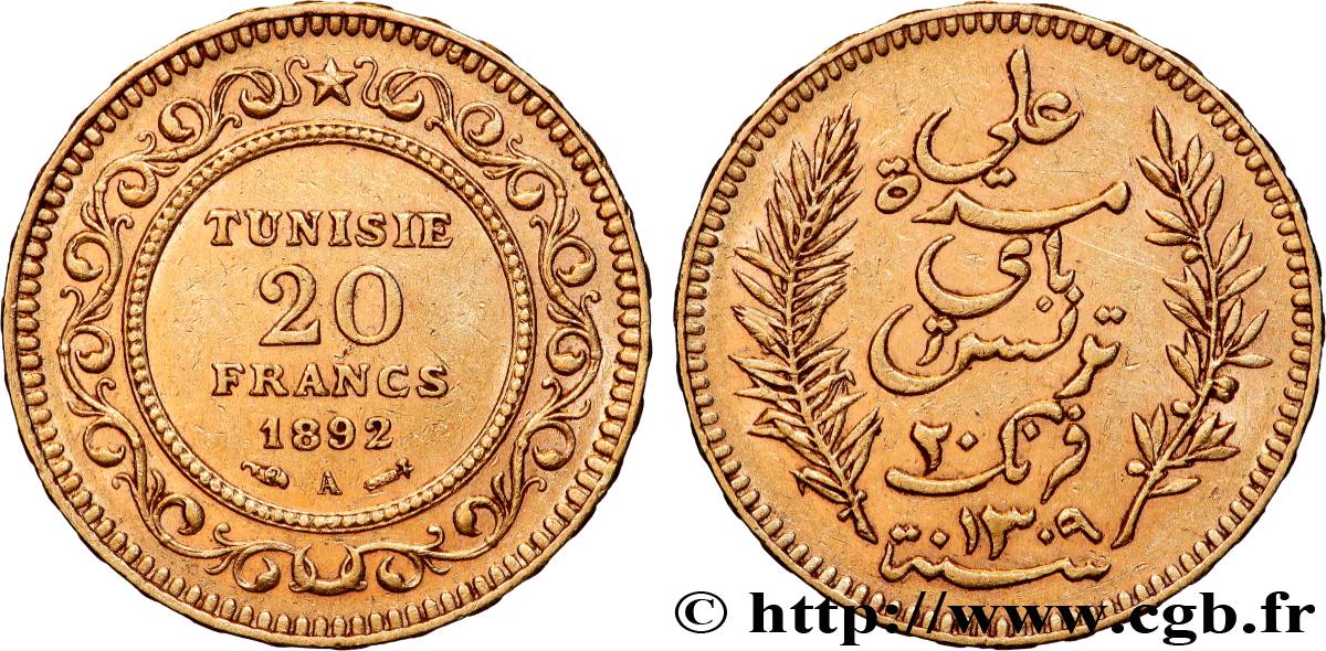 GOLD, PALLADIUM & PLATINUM INVESTMENT 20 Francs or Bey Ali AH1310 1892 Paris XF 