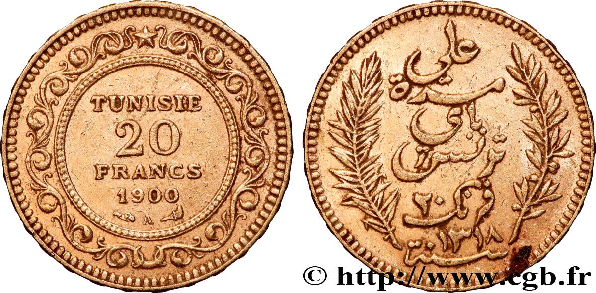 OR, PALLADIUM ET PLATINE INVESTISSEMENT 20 Francs or Bey Ali AH 1318 1900 Paris TTB 