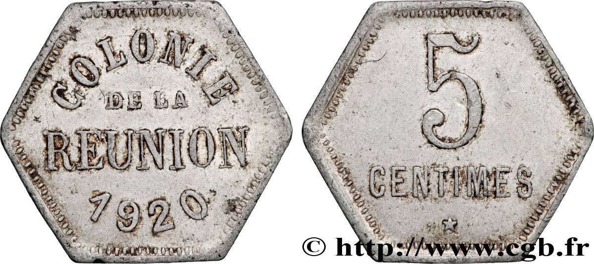 ÎLE DE LA RÉUNION - Troisième République 5 Centimes  1920  TTB 