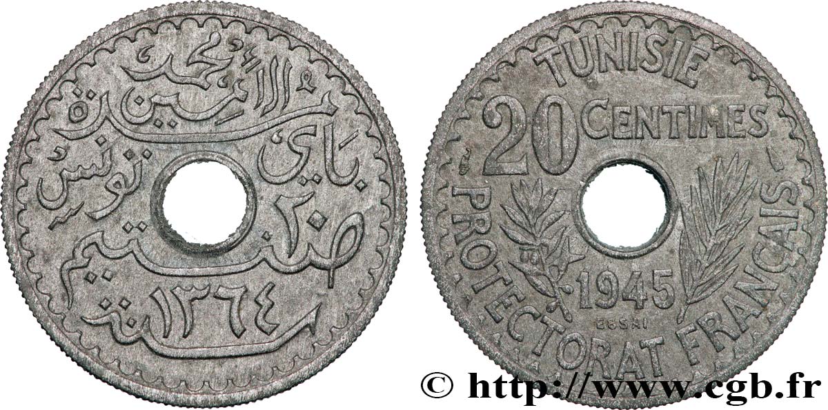 TUNISIE - PROTECTORAT FRANÇAIS Essai de 20 Centimes AH 1364  1945 Paris SUP 