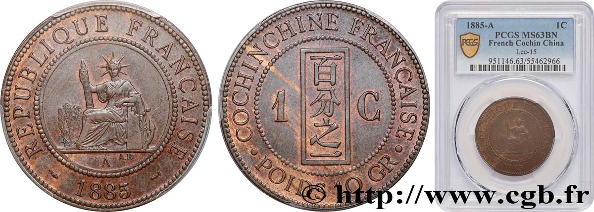 COCHINCHINE FRANÇAISE 1 Centime 1885 PARIS SPL63 PCGS