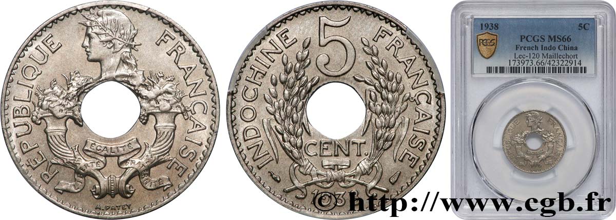INDOCHINE FRANÇAISE 5 Centièmes 1938 Paris FDC66 PCGS