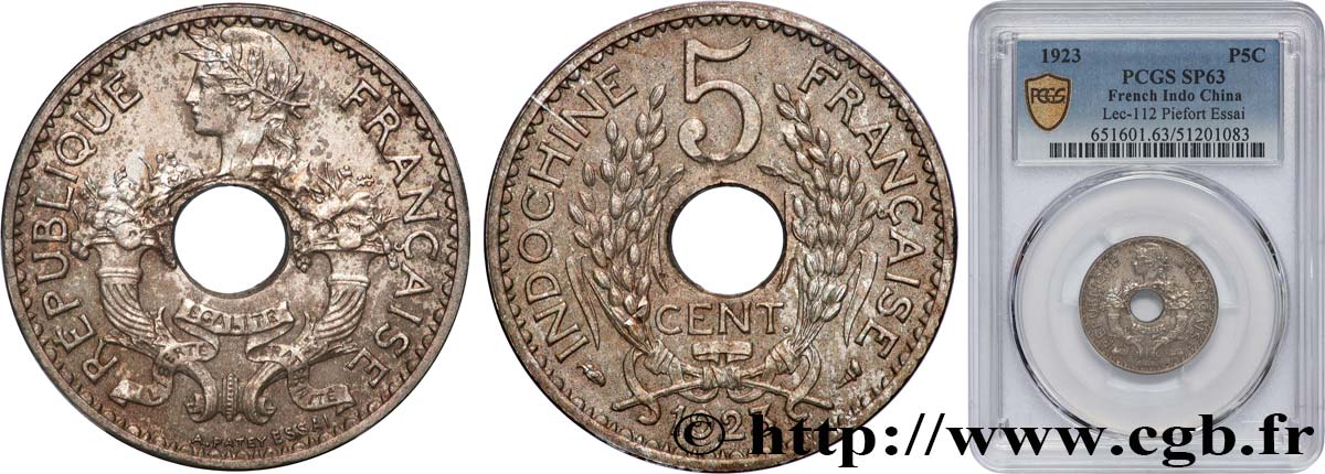 INDOCHINE FRANÇAISE Essai - piéfort 5 Centièmes 1923 Paris SPL63 PCGS