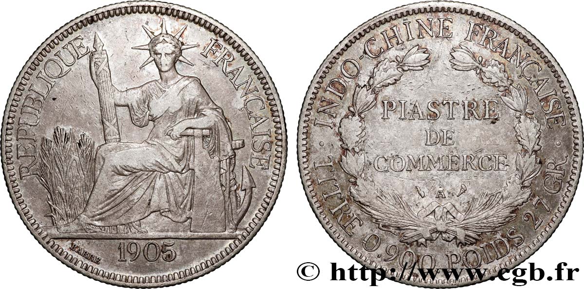 FRENCH INDOCHINA 1 Piastre de Commerce 1905 Paris XF 