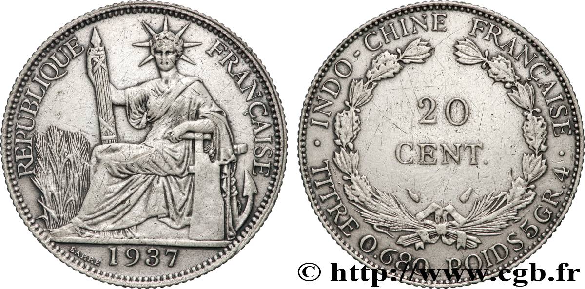 FRENCH INDOCHINA 20 Centièmes 1937 Paris AU 