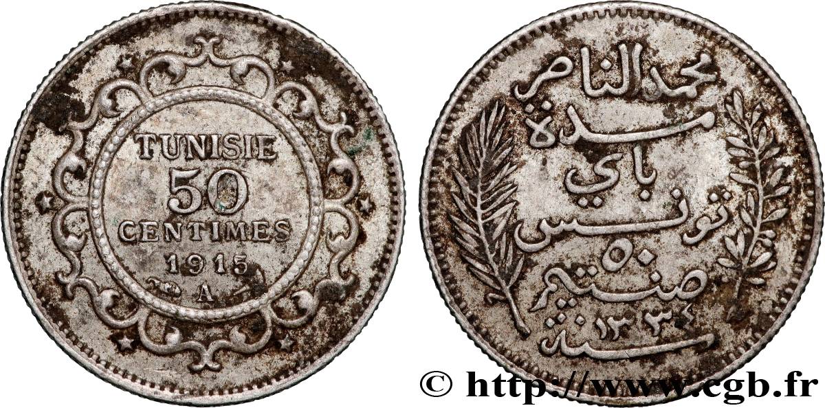 TUNEZ - Protectorado Frances 50 Centimes AH1334 1915 Paris MBC 