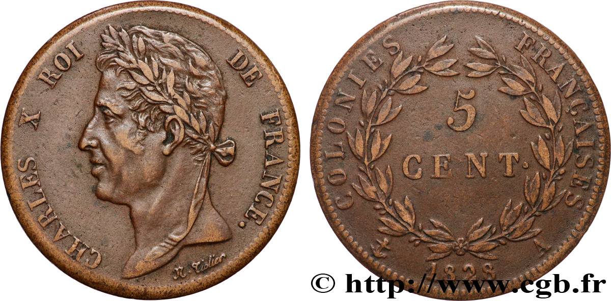 COLONIE FRANCESI - Carlo X, per Guyana 5 Centimes Charles X 1828 Paris - A BB 