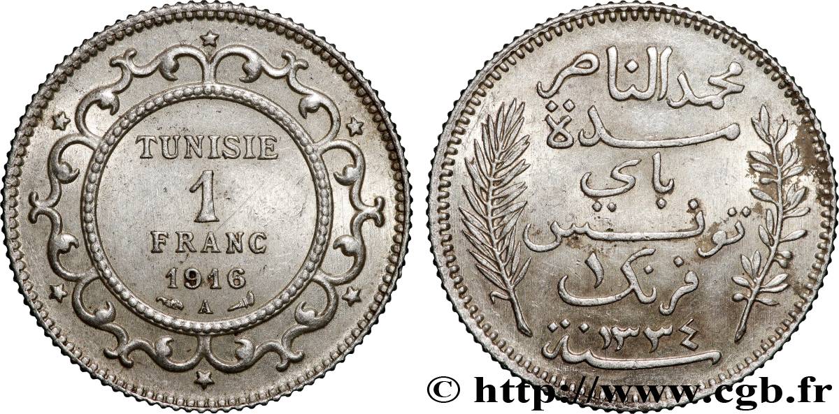 TUNISIA - French protectorate 1 Franc au nom du Bey Mohamed En-Naceur an 1334 1916 Paris - A AU 