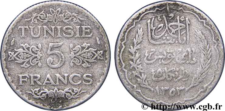 TUNISIA - Protettorato Francese 5 Francs AH 1353 1934 Paris q.MB 