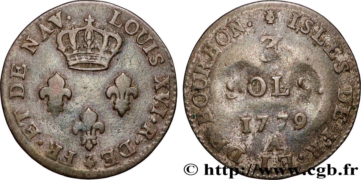 ISLES OF FRANCE AND BOURBON 3 Sols 1779 Paris VF 