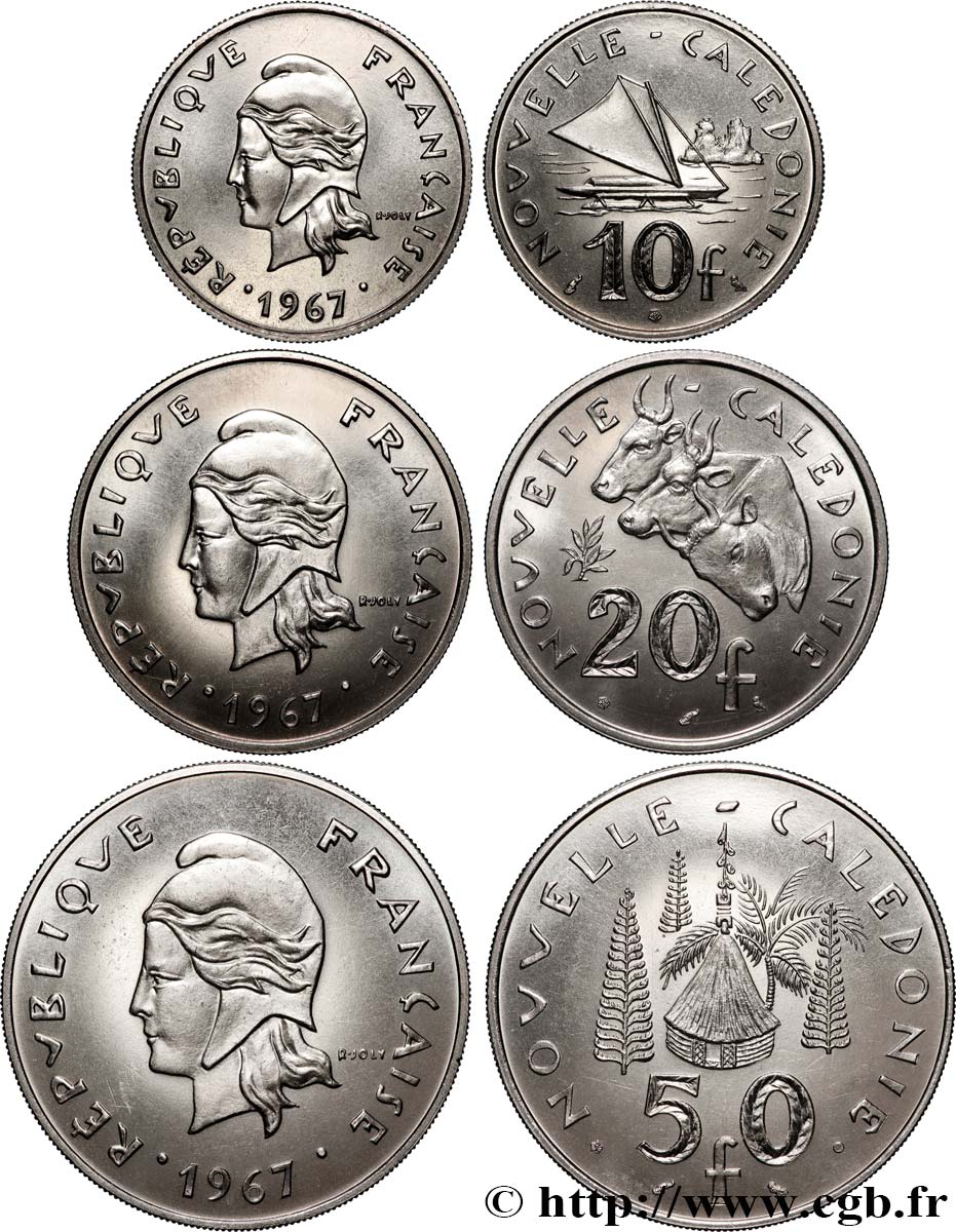 NEW CALEDONIA Lot 10, 20 et 50 Francs, frappe courante 1967 Paris MS 