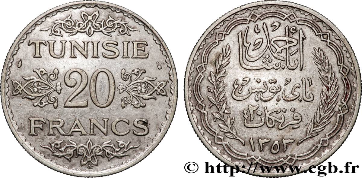 TUNISIA - French protectorate 20 Francs au nom du Bey Ahmed an 1353 1934 Paris XF 